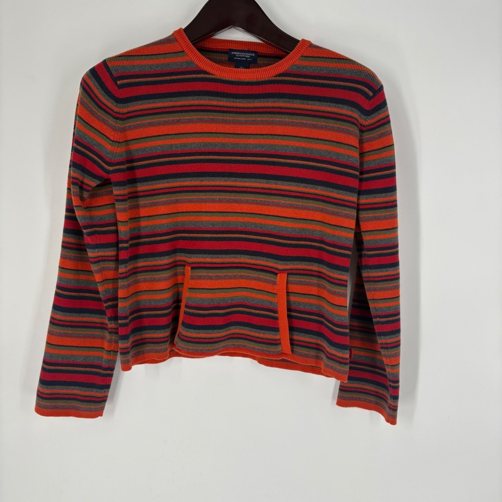 Y2K‎ American Eagle Outfitters Colorful Striped Sweater Kangaroo Pocket L Preppy